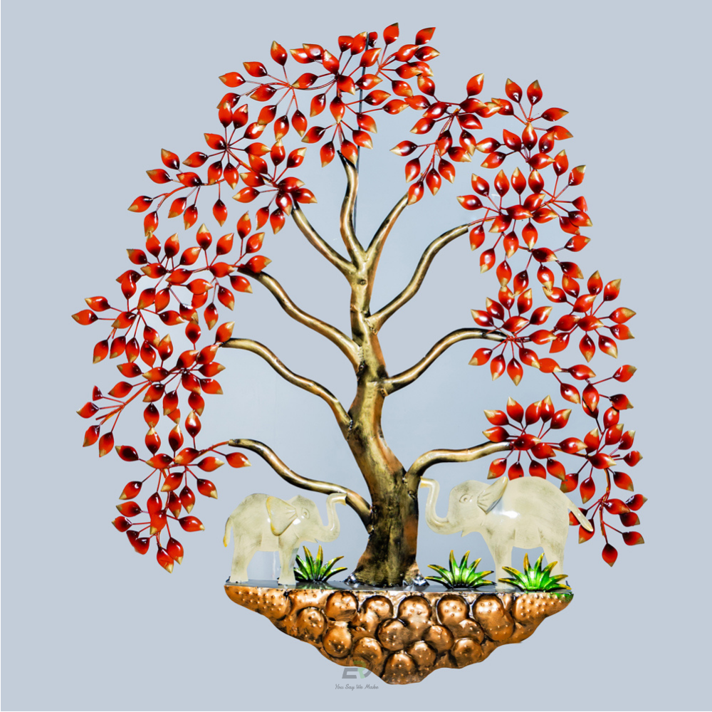 Foric Iron Dual Elephant Tree Wall Hanging With Led