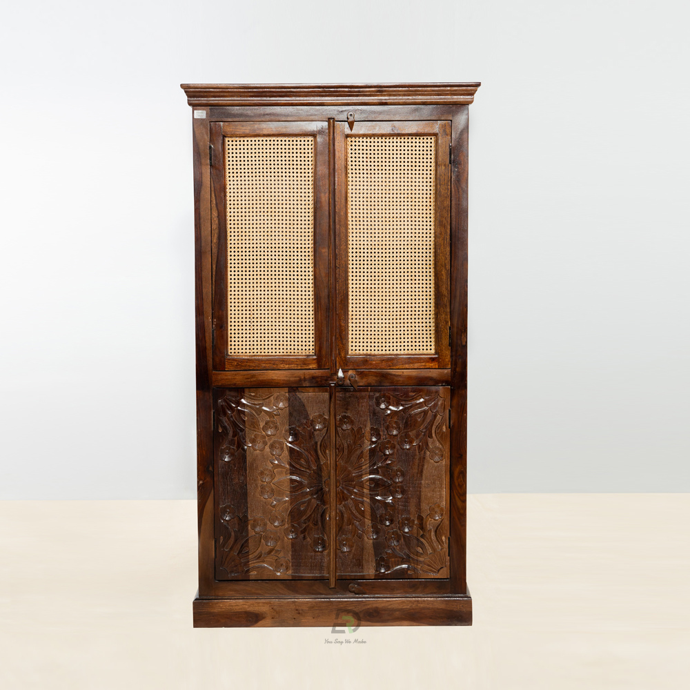 Creg Carved Sheesham Wood  Rattan Almirah